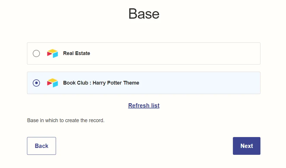 Choose the Airtable base to create the record