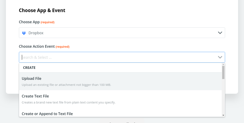 Select Upload file as action event