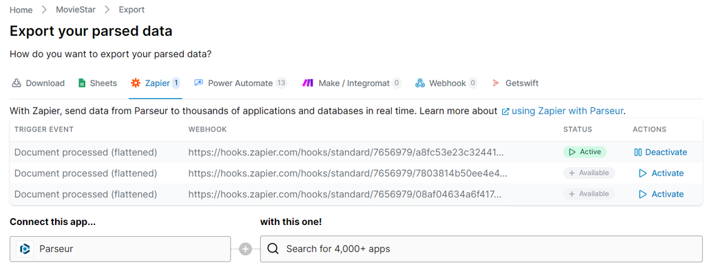 Export data to Zapier A screen capture of zapier parseur export