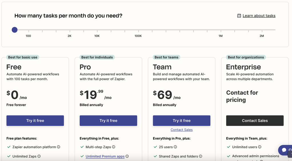 Zapier Pricing A screen capture