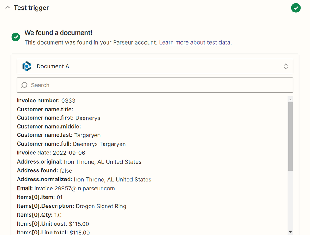 Zapier will retrieve the extracted data from the Shopify invoice