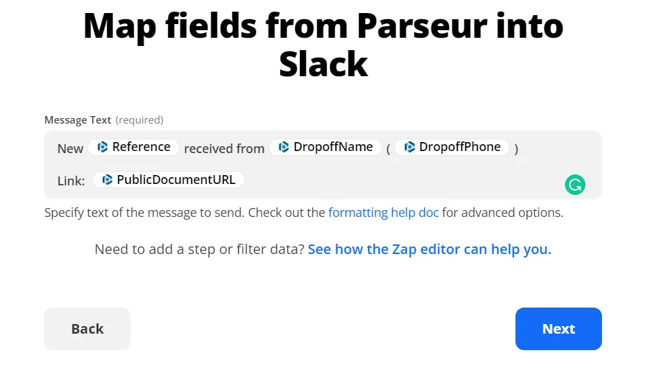 Customize the message that you want to sent to Slack