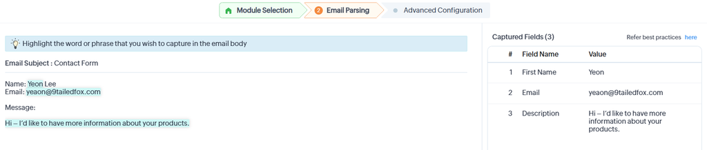 Parsing data in Zoho email parser A screen capture of zoho email template