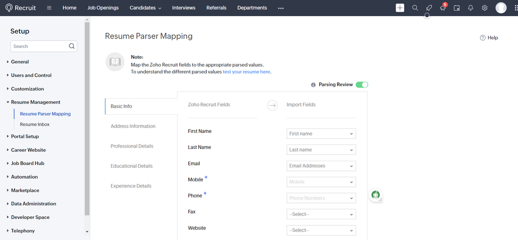 Zoho recruit dashboard A screen capture of zoho recruit